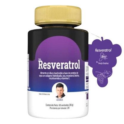 Frasco de Resveratrol AMBRA con colágeno y biotina, 60 discos masticables sabor uva